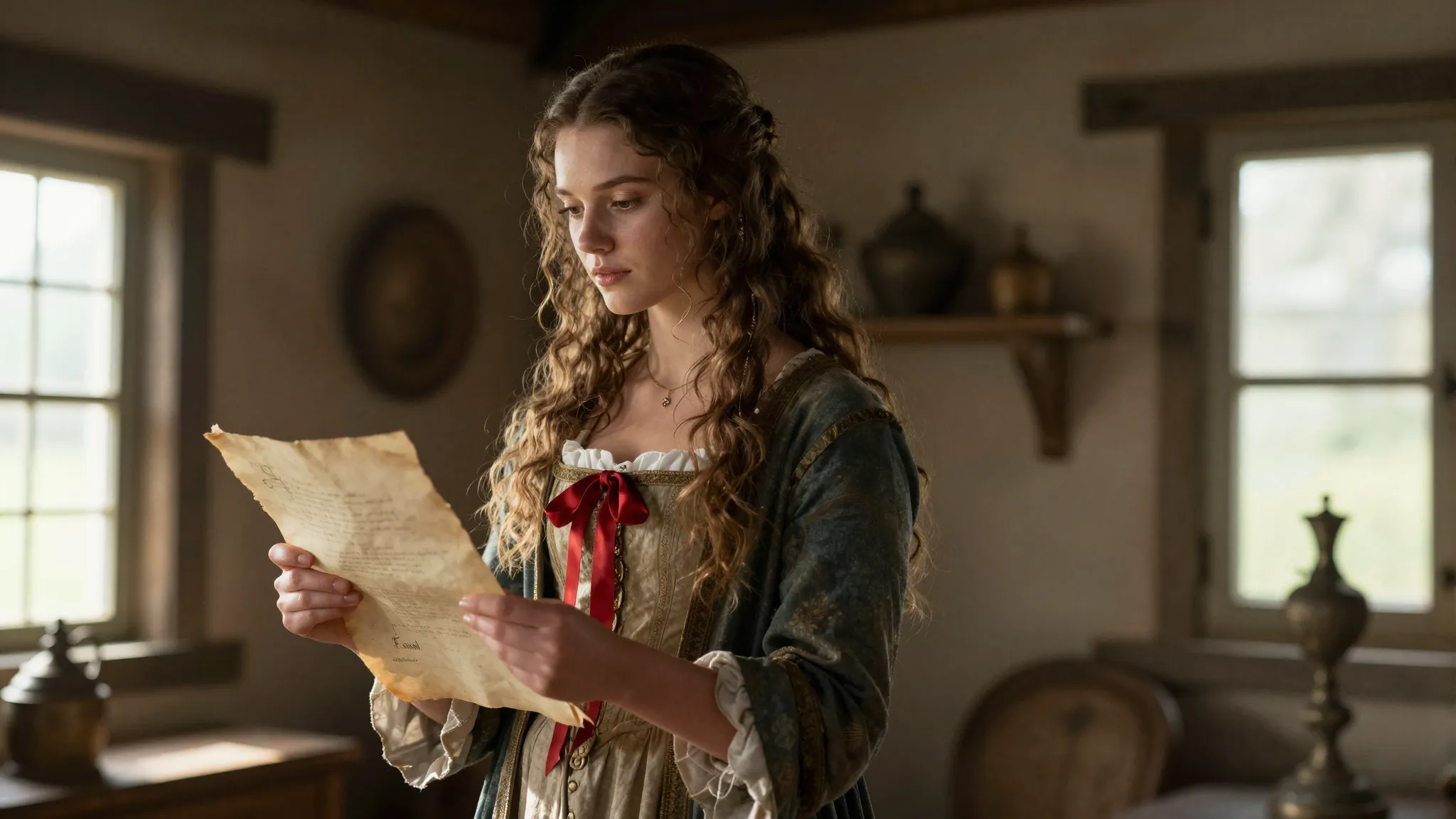 A beautiful young woman with long hair in a 16th-century Fre...