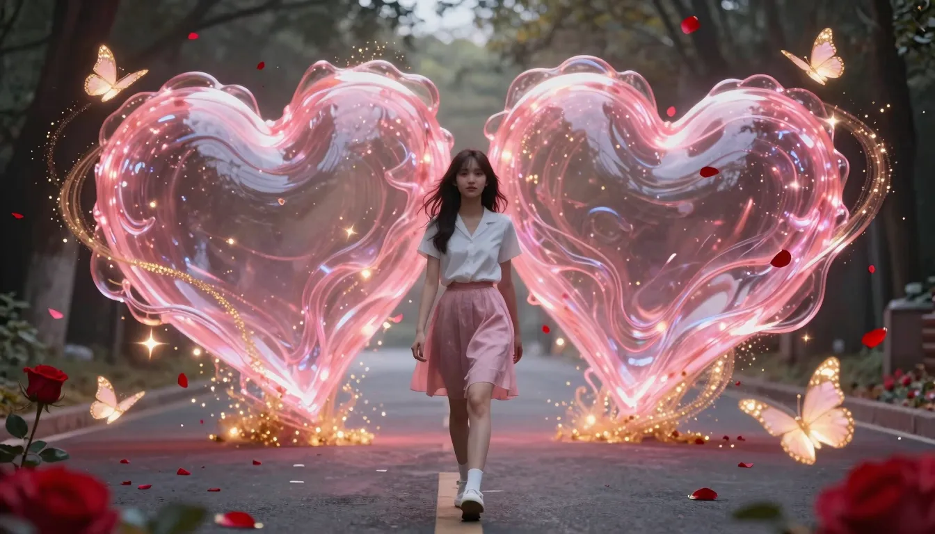 A beautiful girl walking towards the camera on a road, calm ...