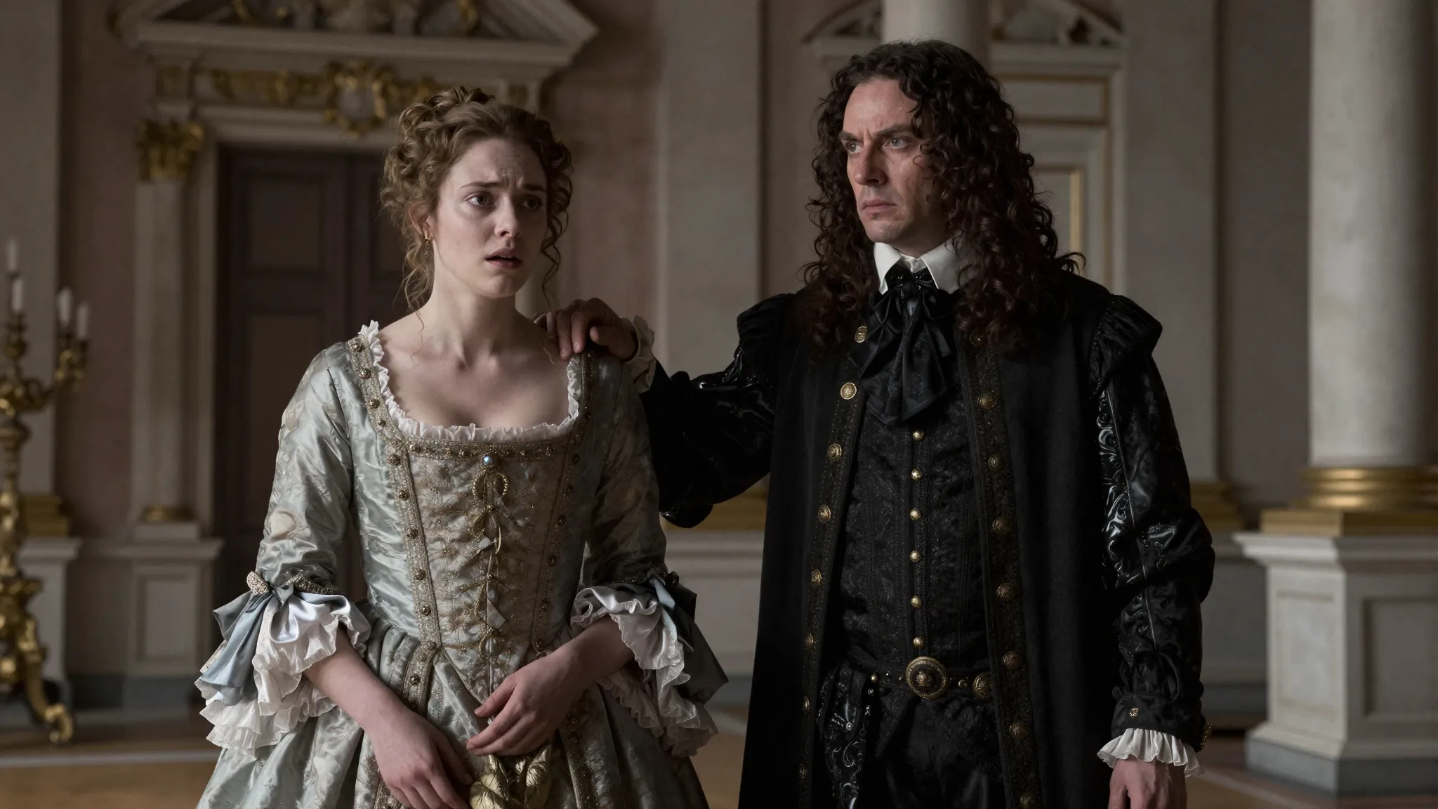 A young woman in a luxurious 17th-century French gown, pale ...