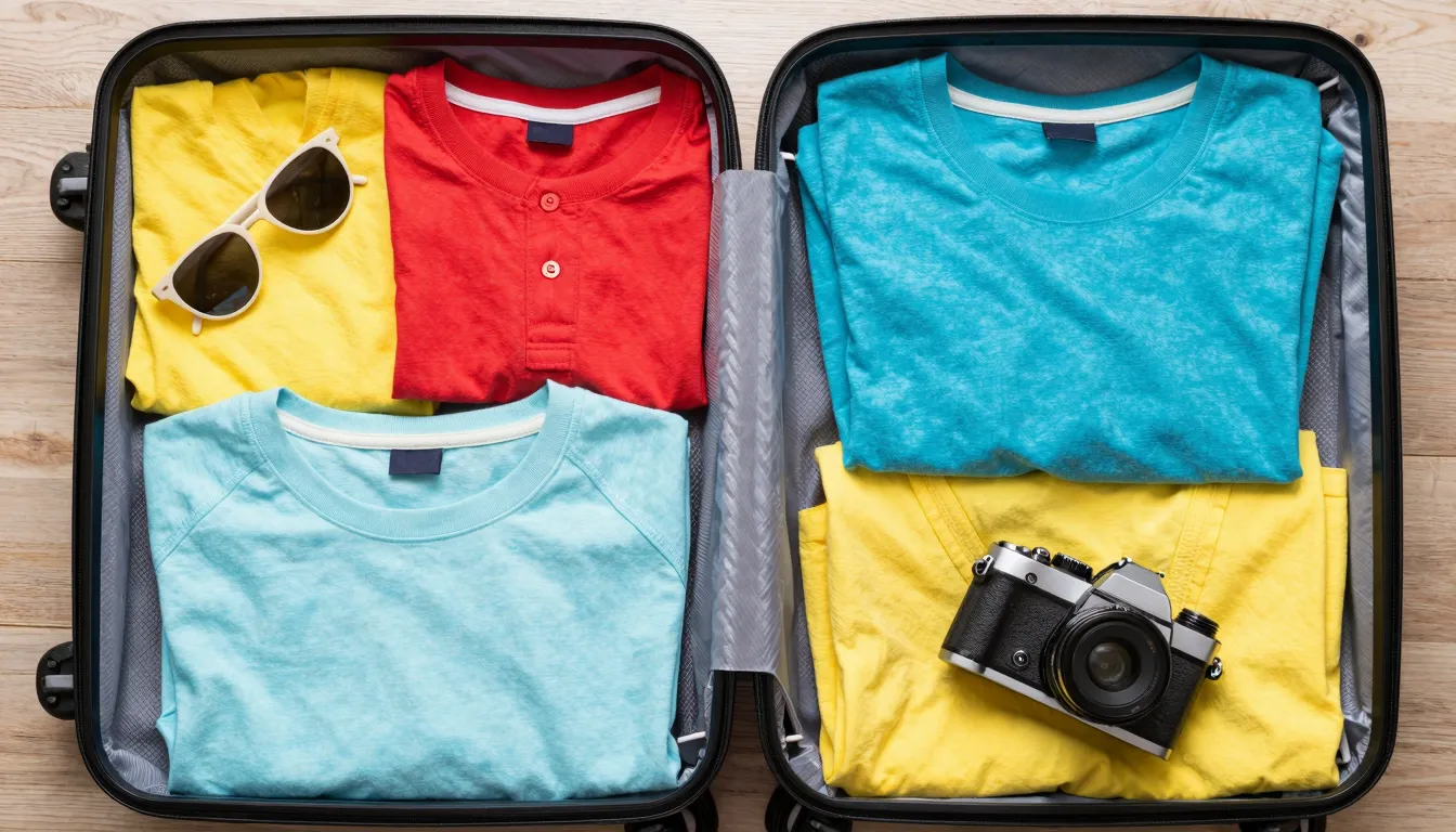 Top view of a perfectly packed suitcase with colorful summer...
