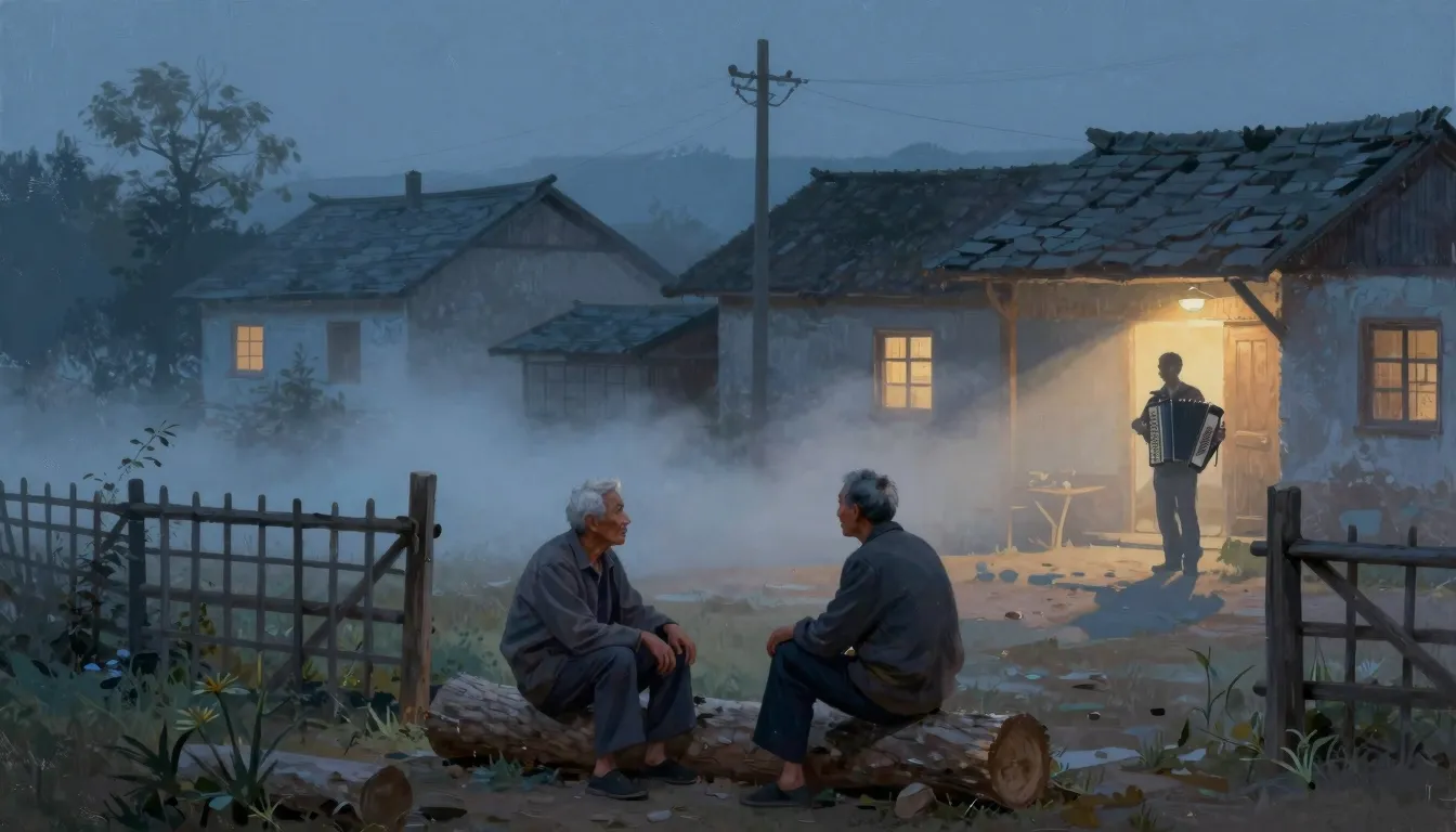 A serene evening scene in a village. Two elderly men sit on ...