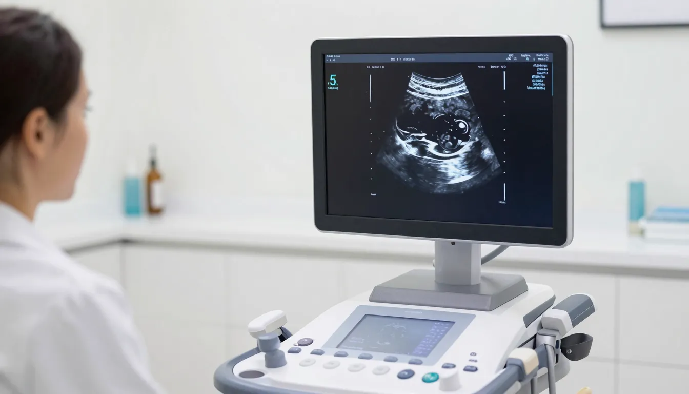 A professional medical ultrasound screen showing a clear and...