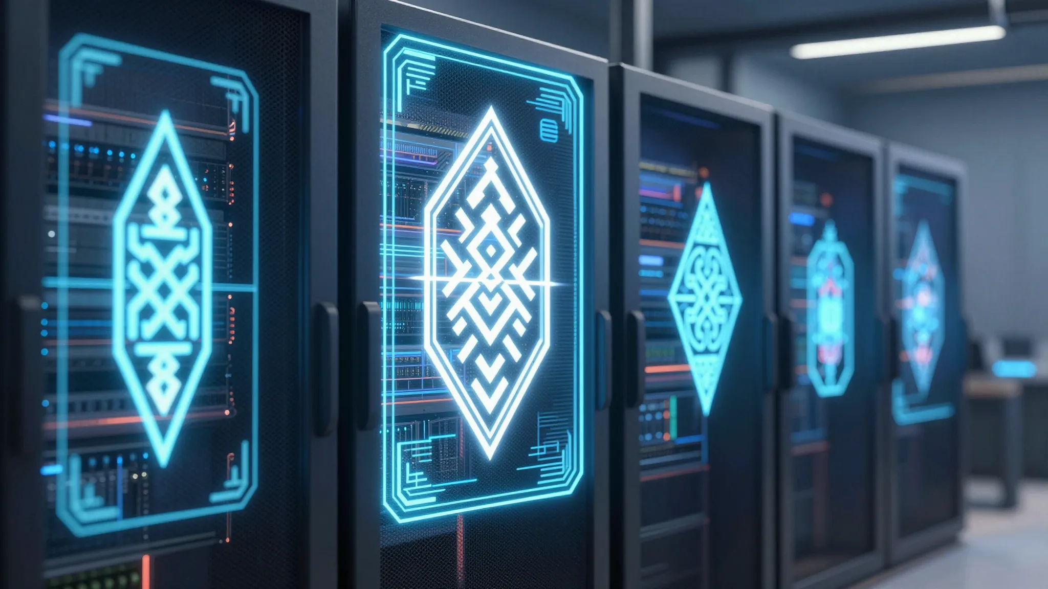 A futuristic server room with holographic Slavic ornaments g...