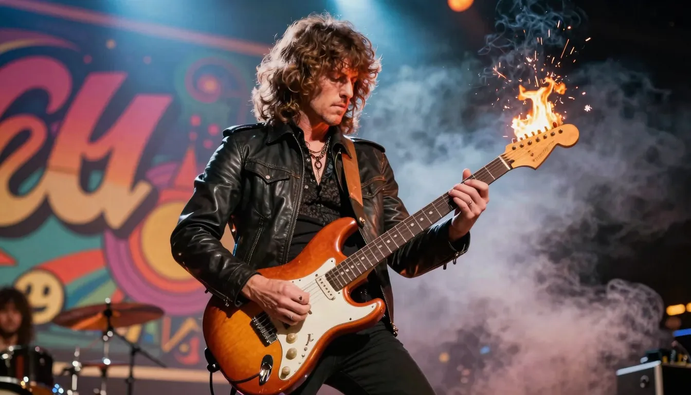 Legendary rock guitarist performing on stage, electric guita...