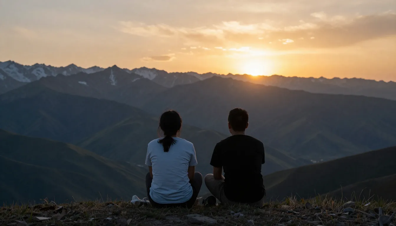 Two friends sitting on a mountain top looking at the sunset ...