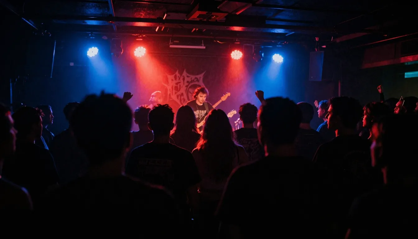 Dark underground metal club atmosphere, silhouettes of fans ...