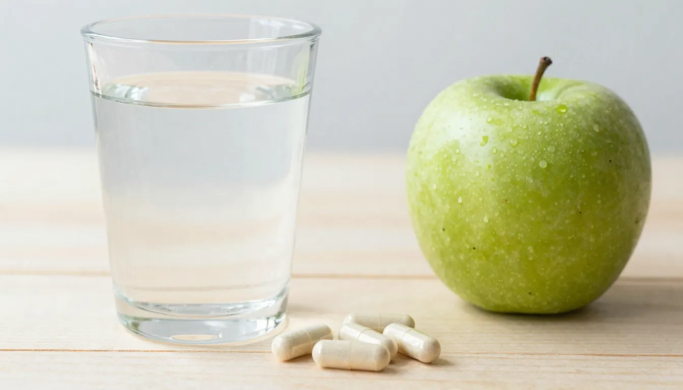 A glass of water and a few vitamin capsules on a wooden tabl...