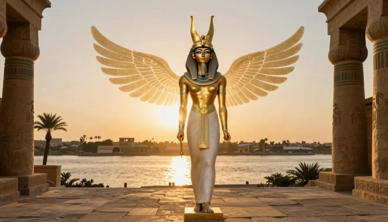 A majestic Egyptian queen with a divine golden aura, standin...