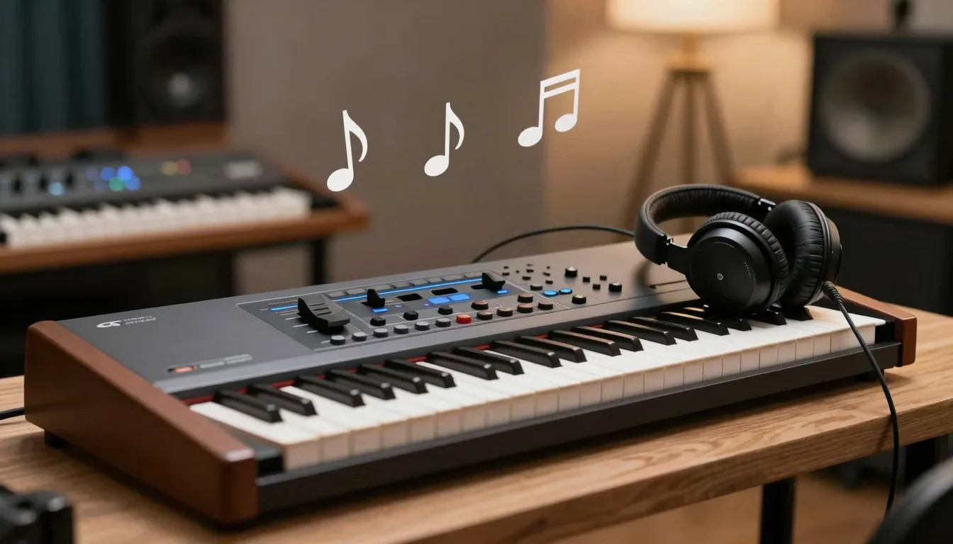 Professional music studio equipment, synthesizer and headpho...