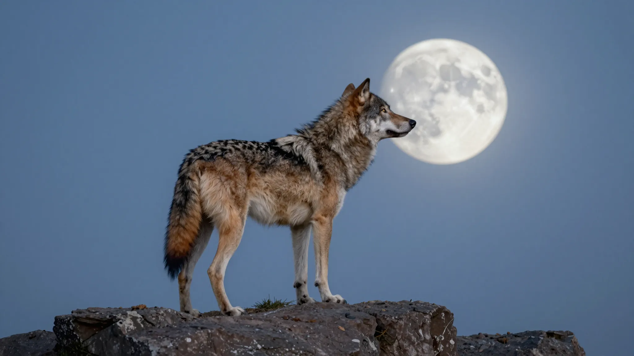 Full body shot of a majestic wolf standing on a cliff, back ...