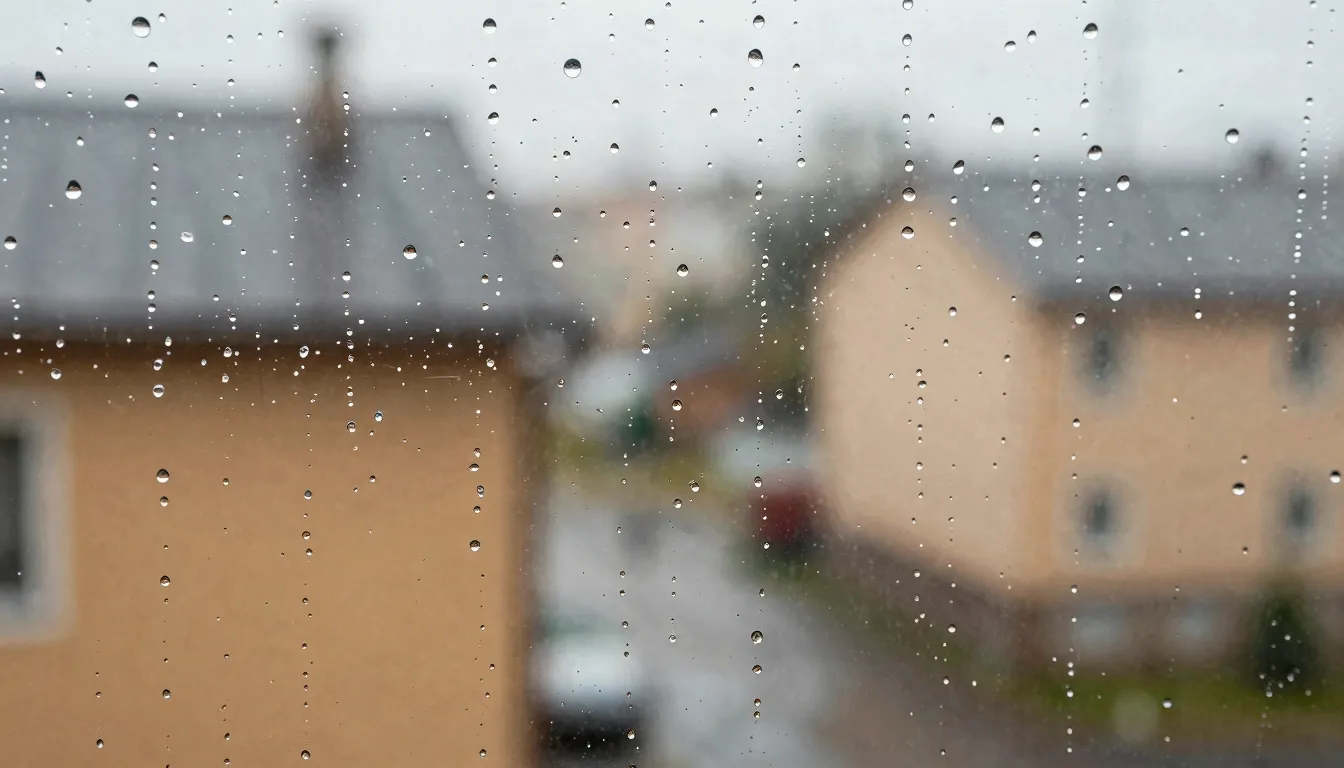 Close-up of water droplets on a window glass, looking out fr...