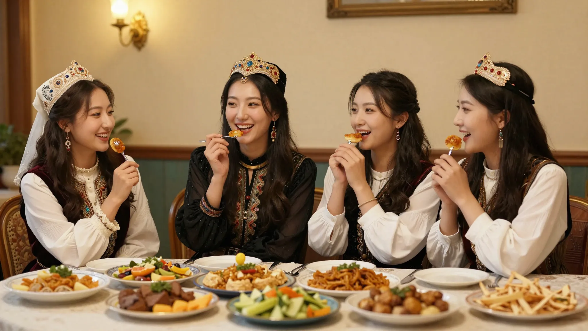 Three beautiful Central Asian women sitting at a festive tab...