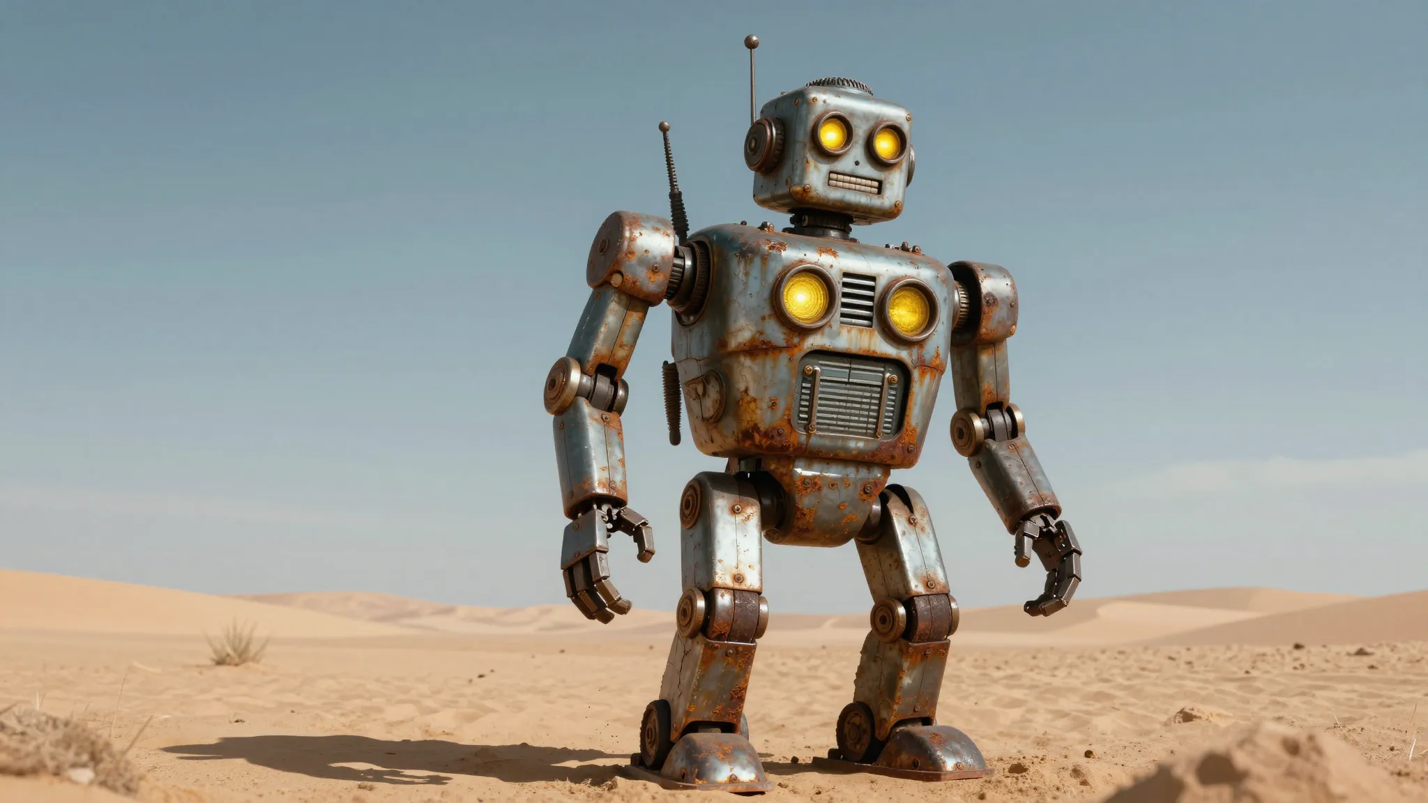 A rusty vintage robot on a desert metallic planet, clunky me...
