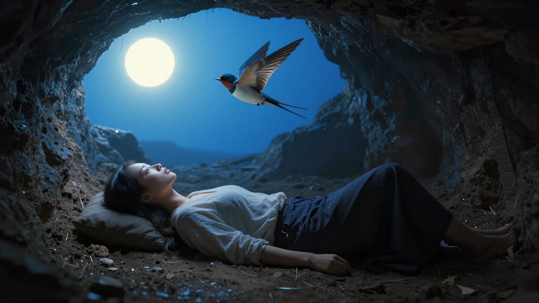 A woman lying in a cold, dark burrow. Above her, a surreal a...