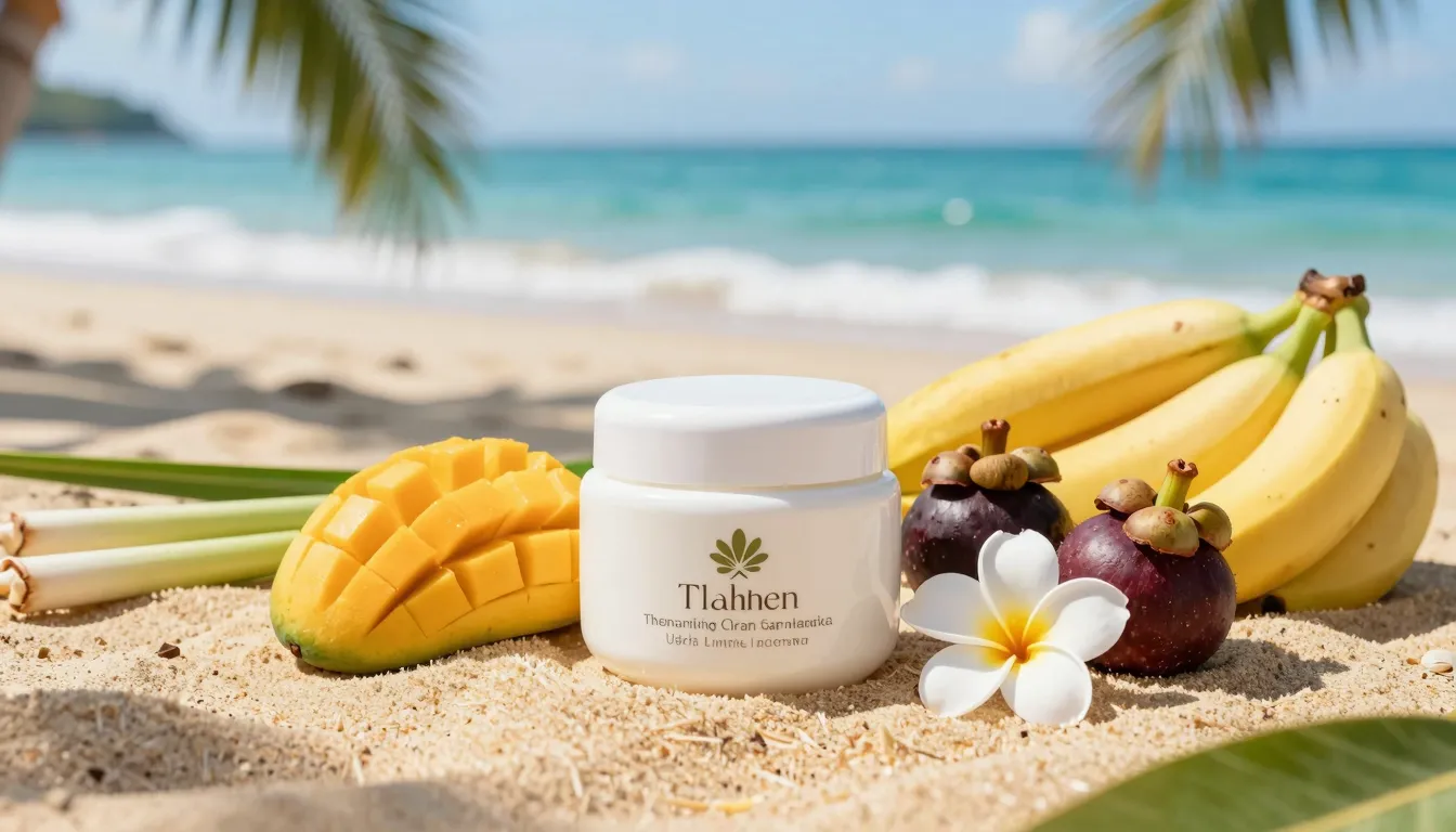 Vibrant product photography of a Thai body cream jar on a su...