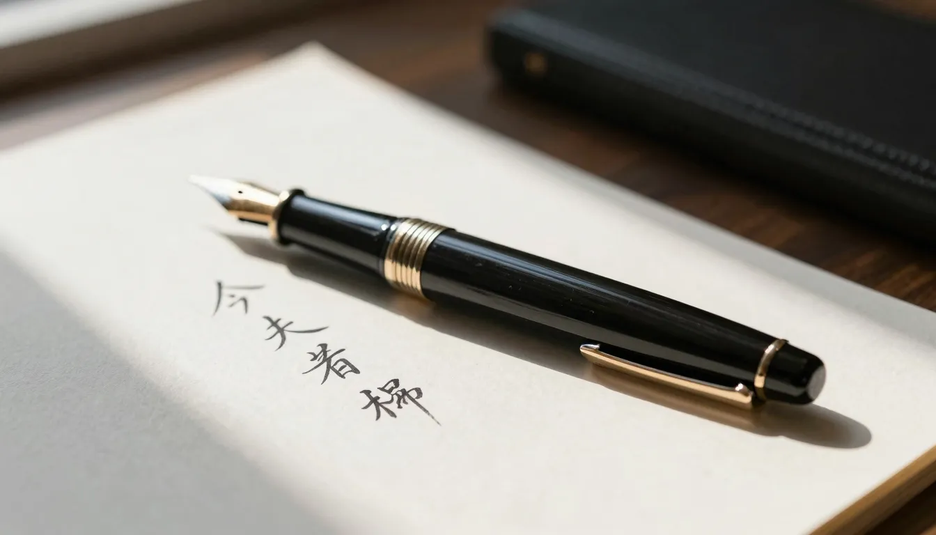 An elegant fountain pen lying on a sheet of paper with beaut...