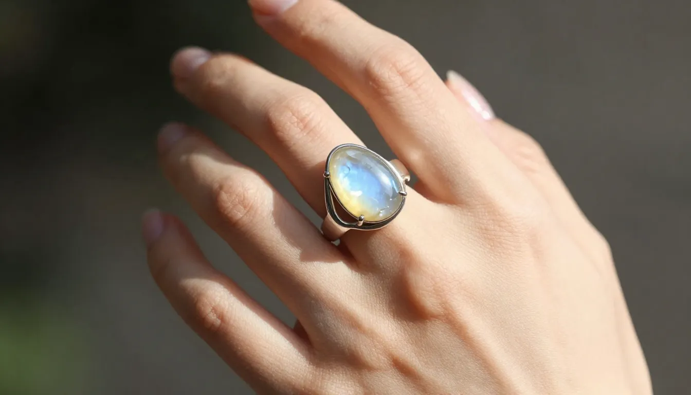Elegant woman's hand wearing a bold, artistic silver ring wi...
