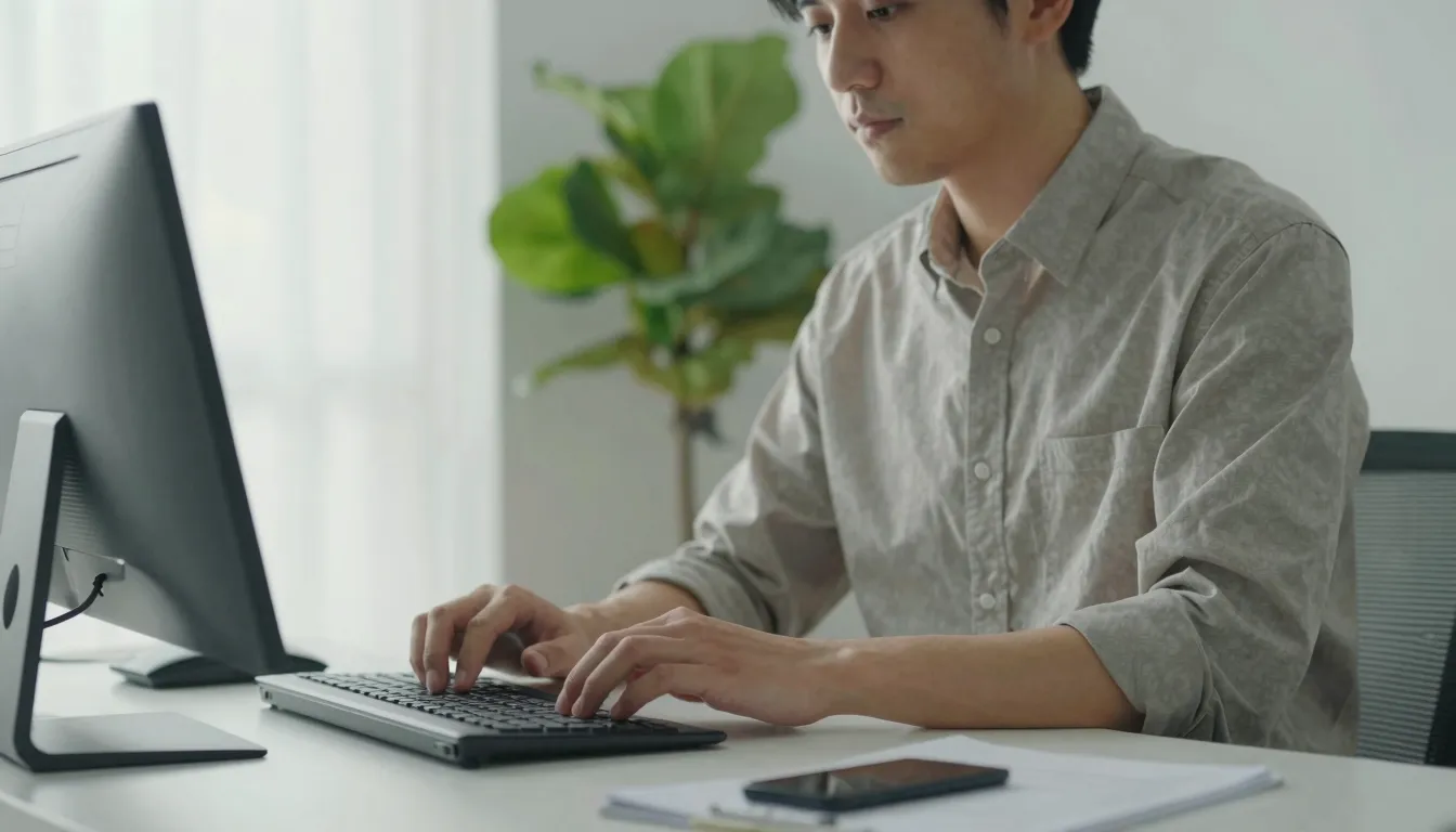 A person looking focused and calm working at a clean desk wi...