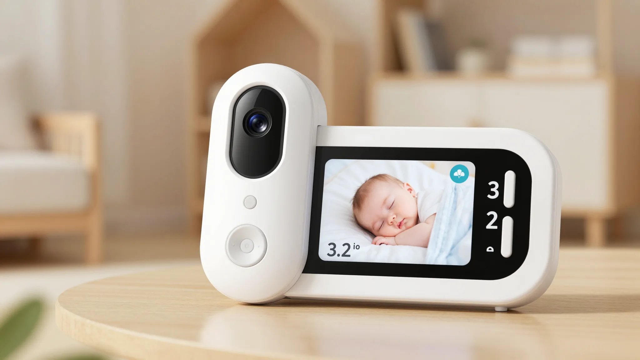 Professional infographic style, white baby monitor with 3.2 ...