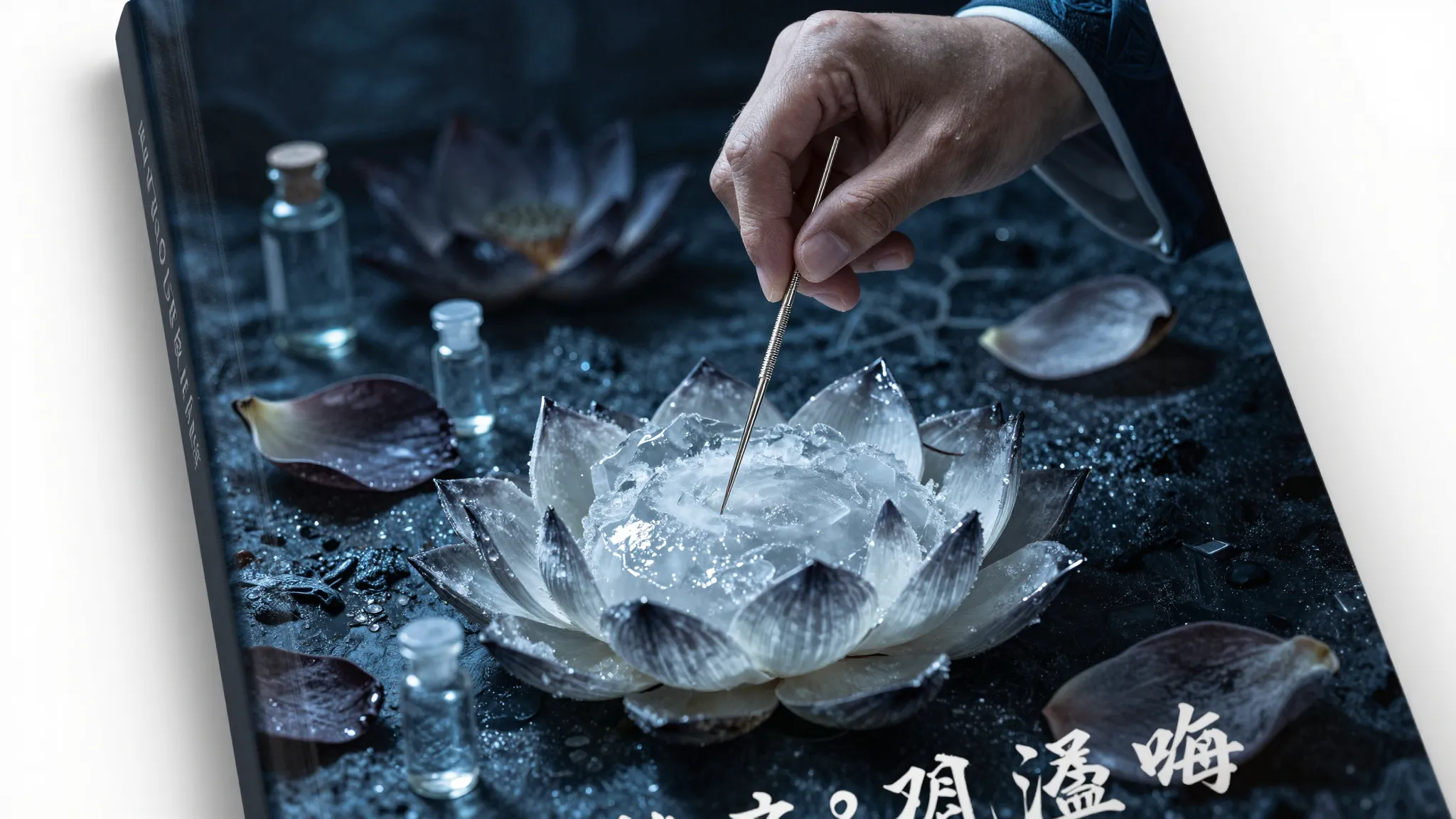 A professional book cover for a dark fantasy novel. A close-...