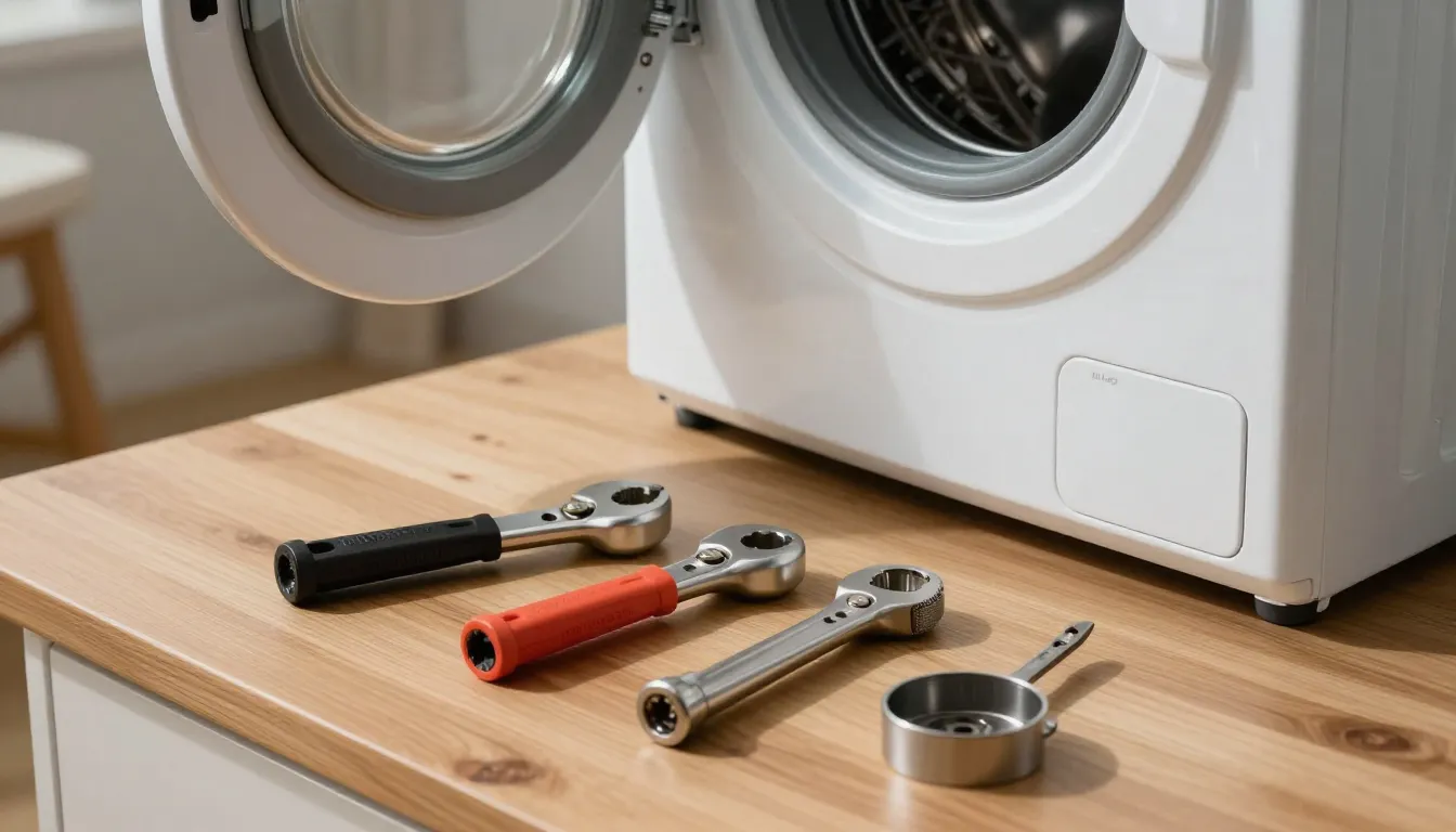 Professional repair tools lying on a wooden table next to a ...