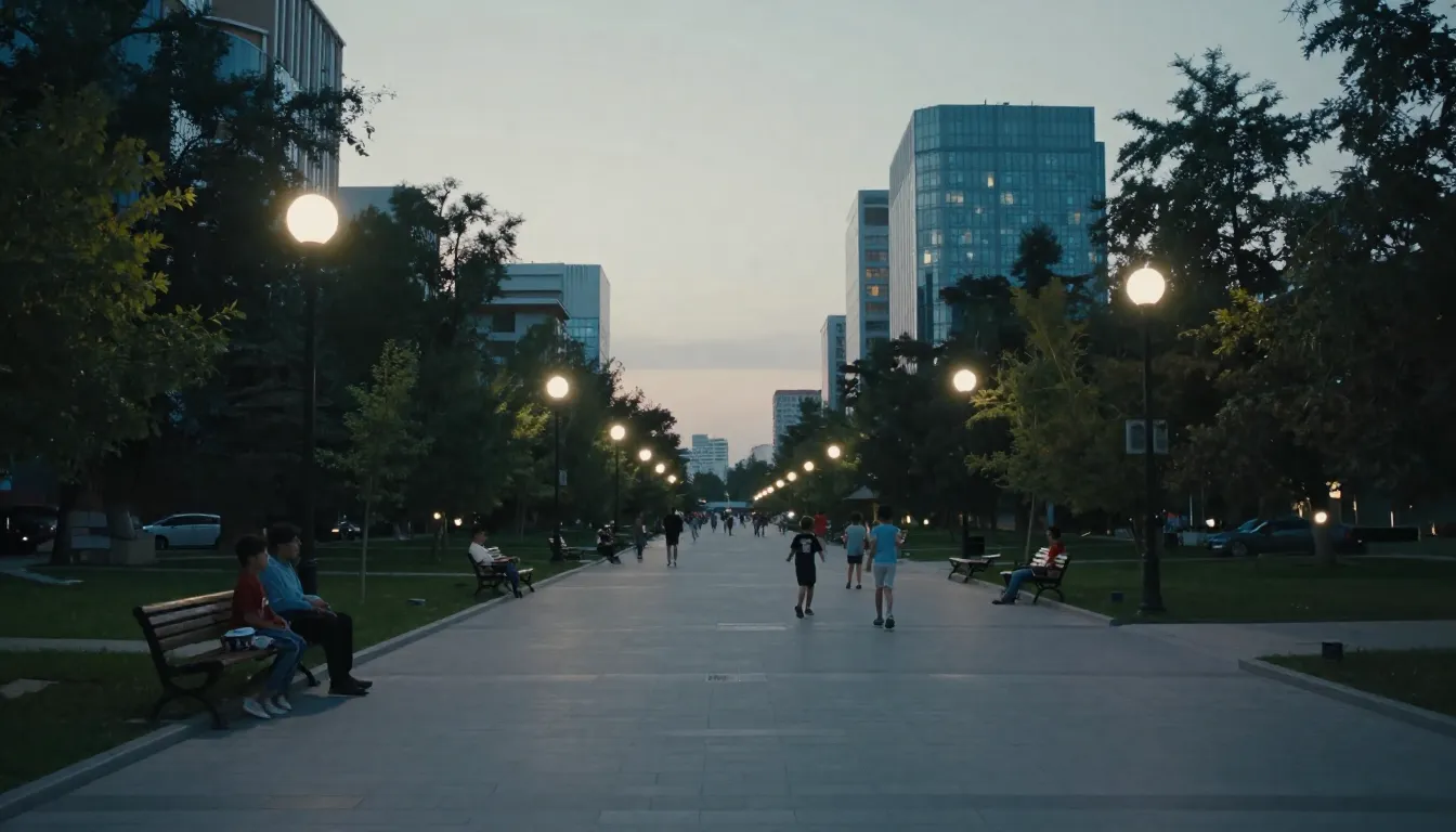 Modern city street in Kazakhstan at evening, peaceful atmosp...