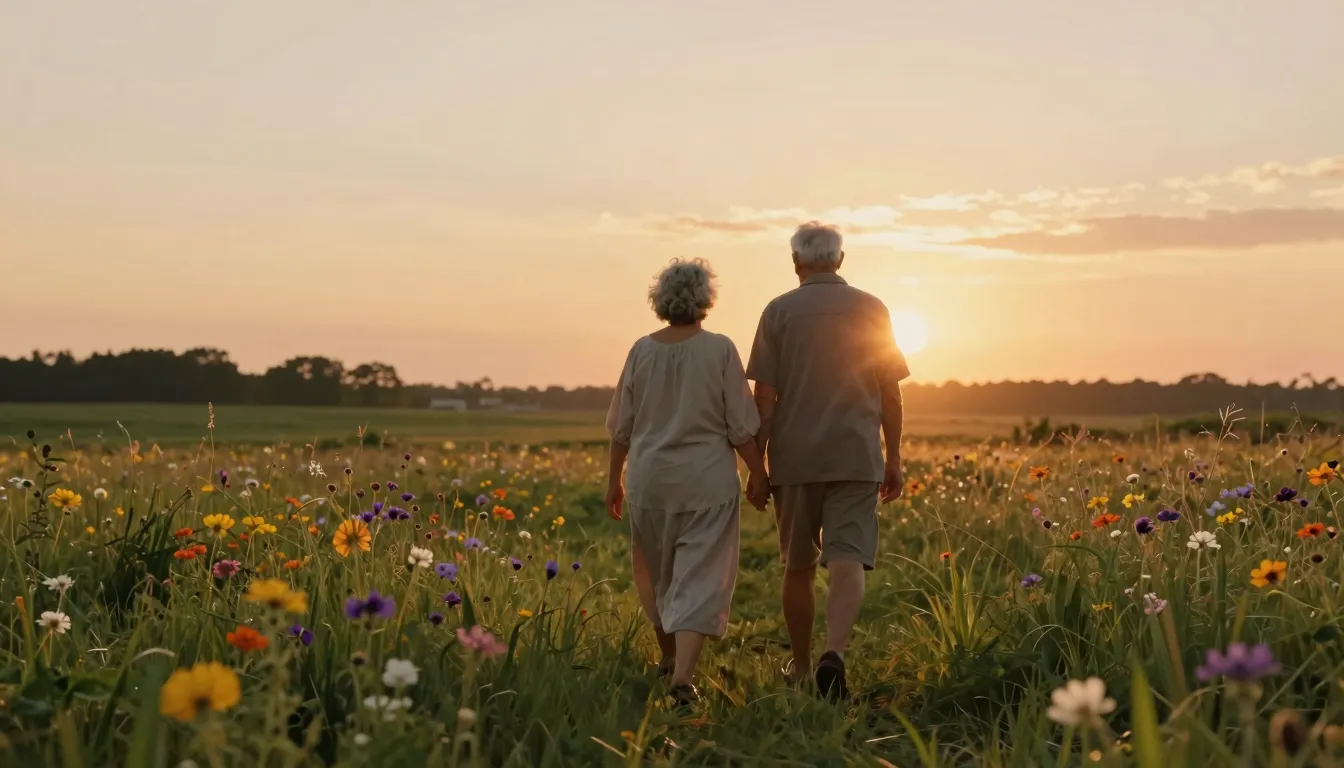 Cinematic digital art of an elderly couple walking into a go...
