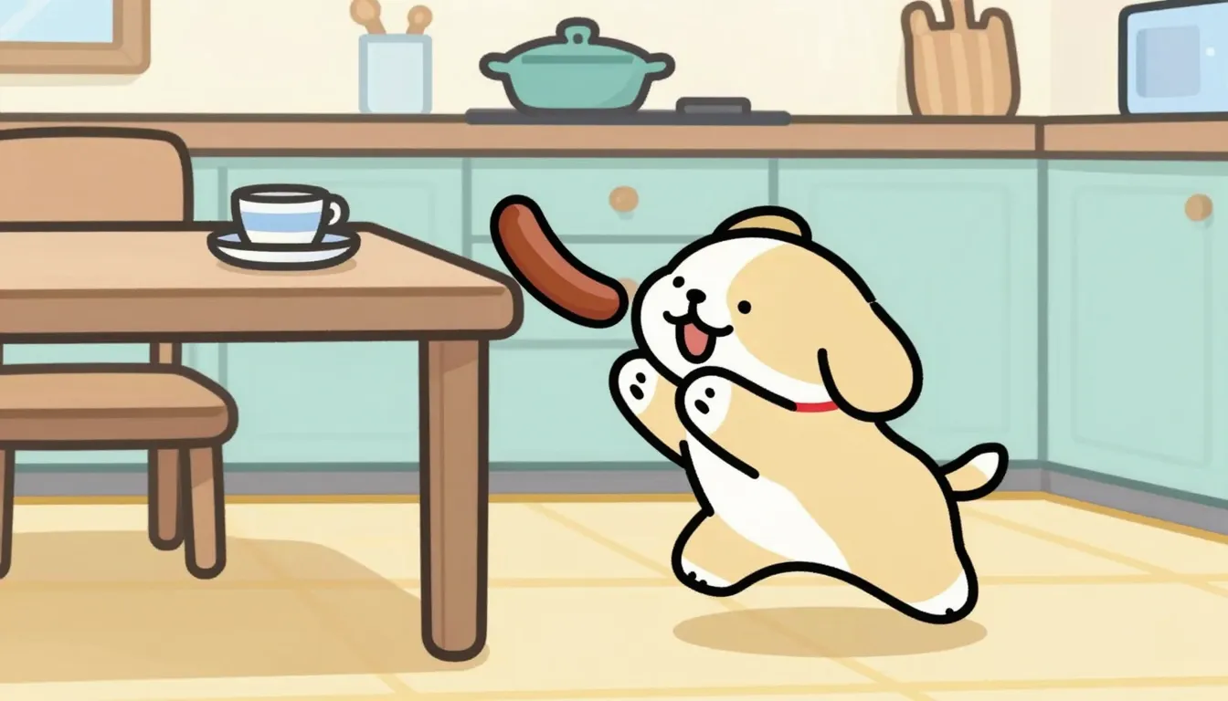A small playful dog named Rich jumping towards a kitchen tab...