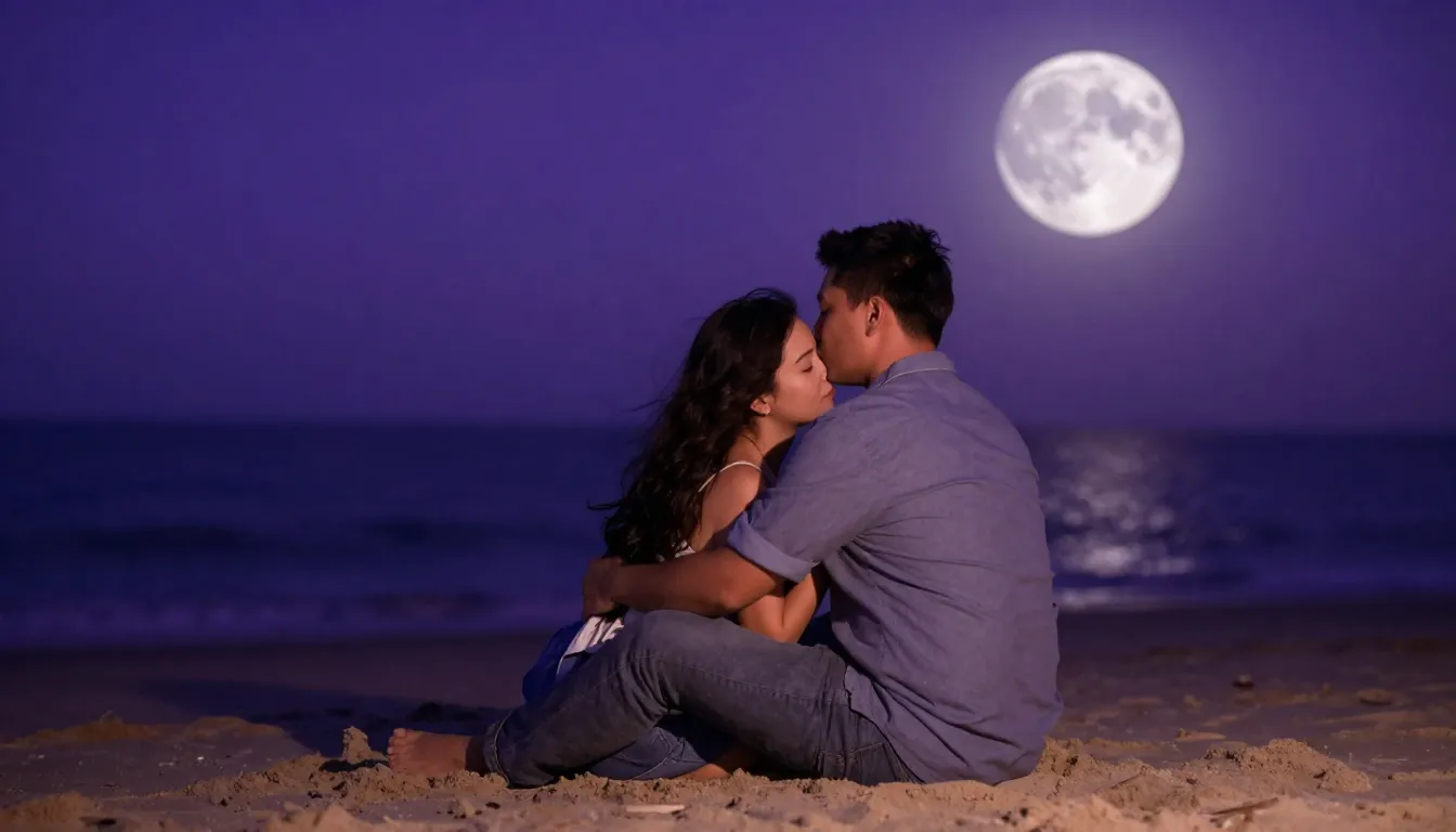 The same couple from the photos sitting on the sand of a nig...