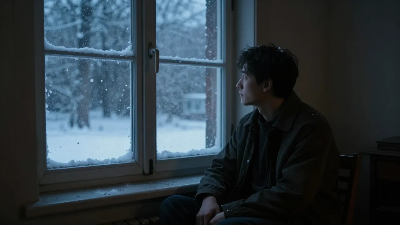 A lonely man sitting by a window in a cold room, looking at ...