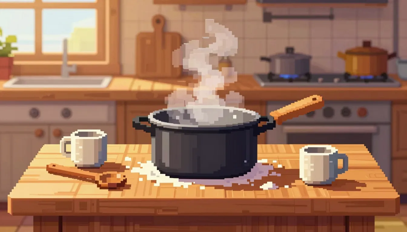 Pixel art game background, cozy wooden kitchen table, a larg...
