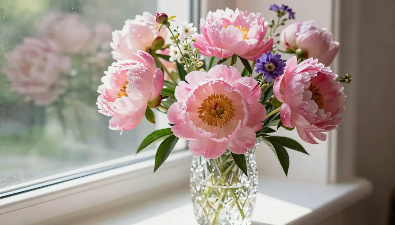 A vibrant summer bouquet of peonies and wild flowers in a cr...