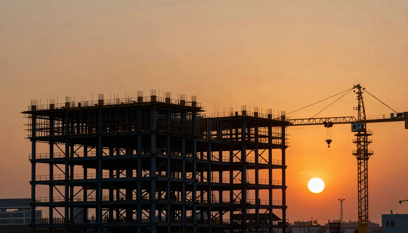 A massive steel structure of a factory under construction wi...