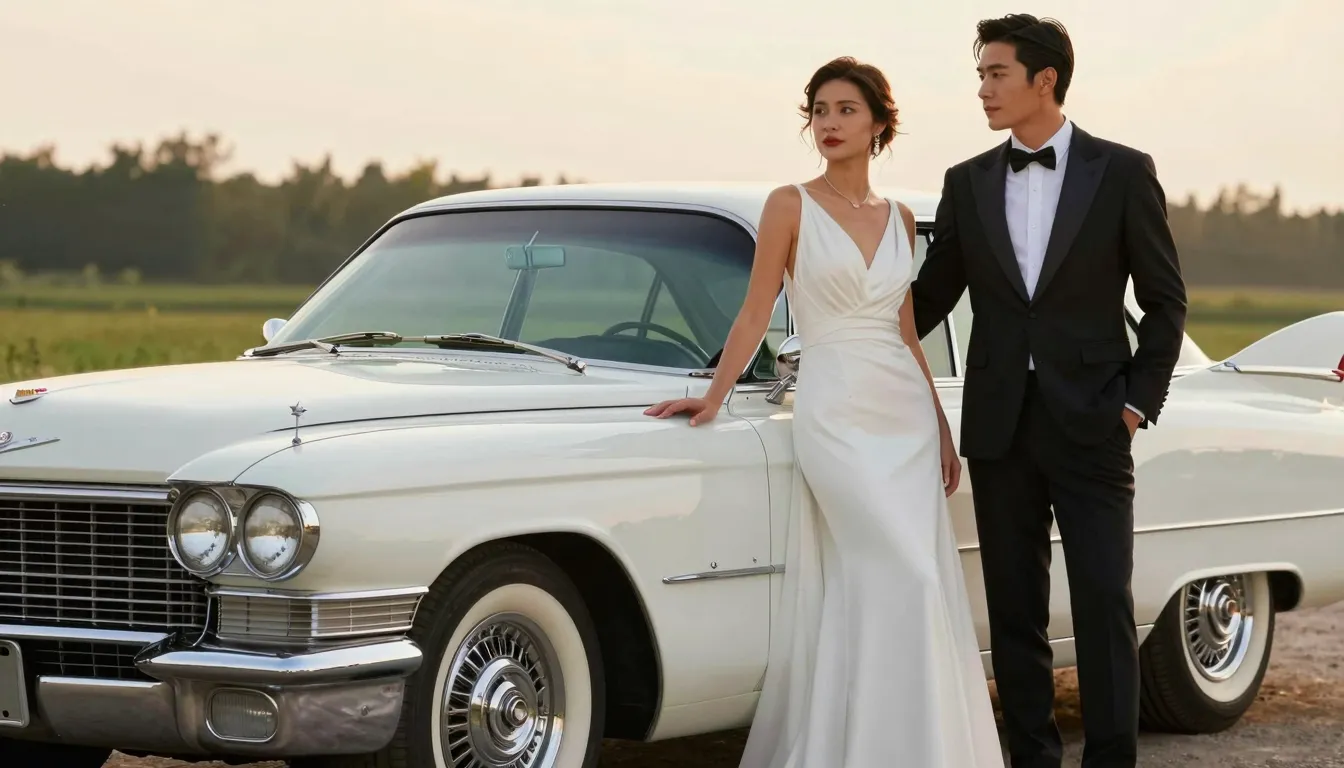 A stylish wedding couple standing next to a classic vintage ...