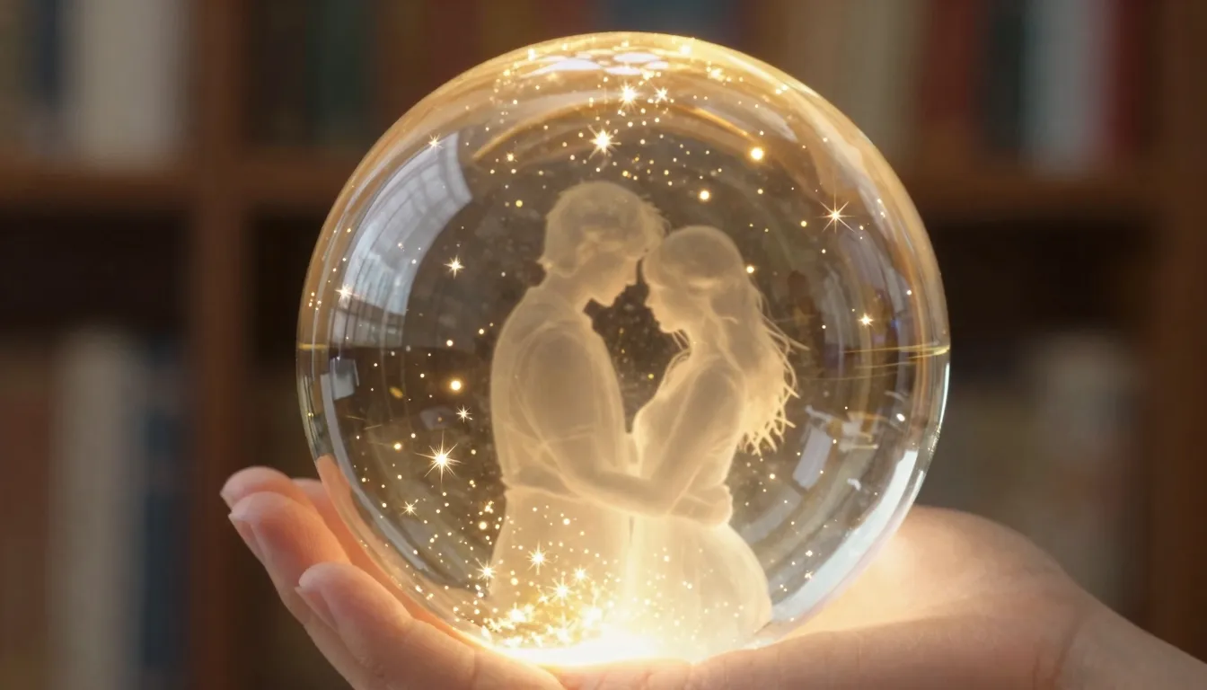 Close up of a glowing translucent sphere held in hands, insi...