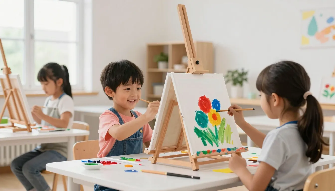 Small children happily painting on canvases at easels in a b...