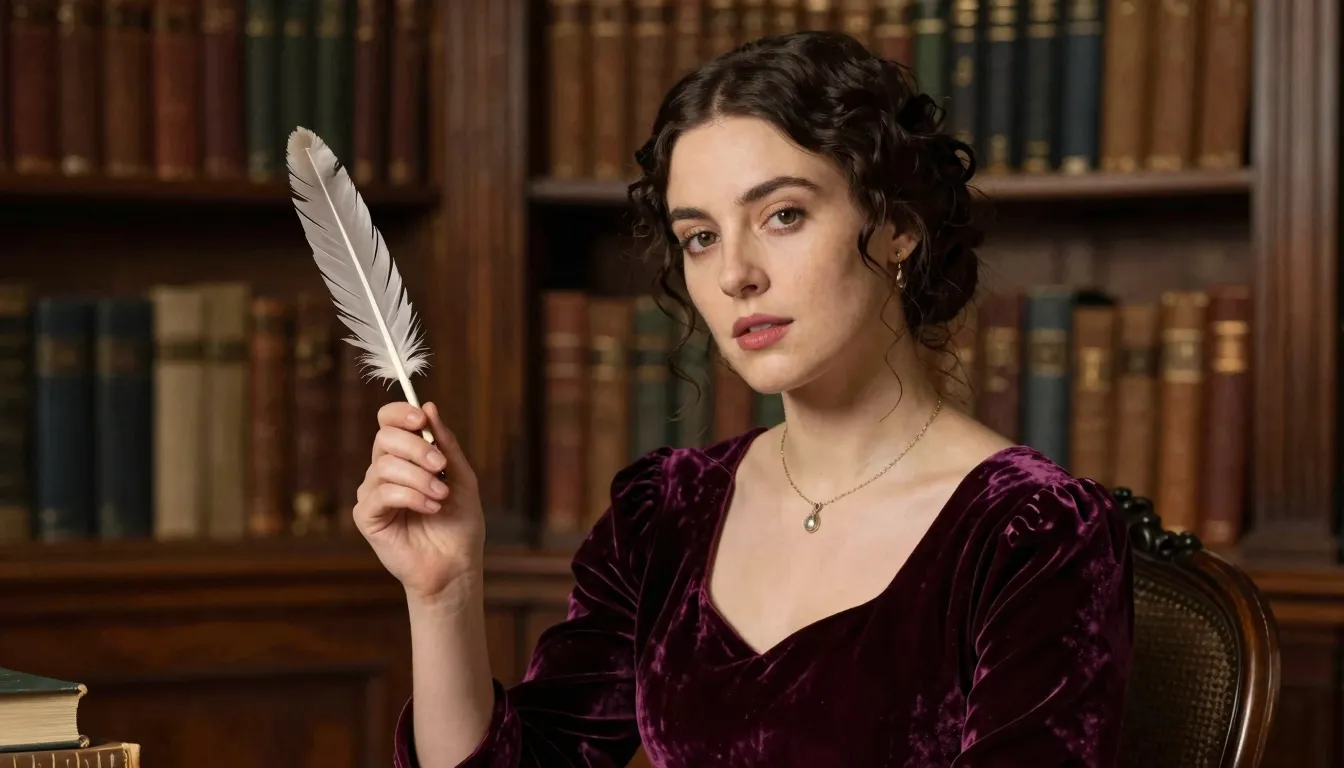 A sophisticated female author portrait in a vintage library,...