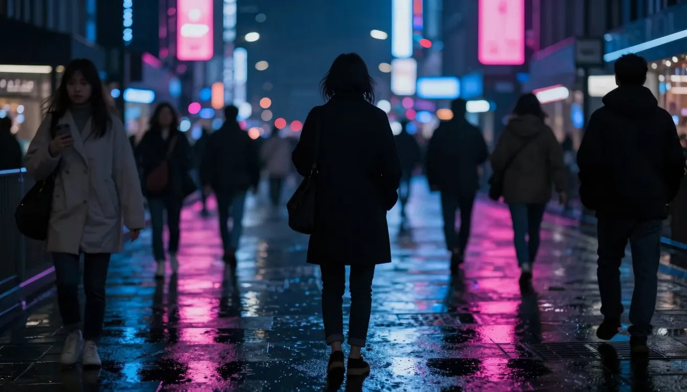 A lonely silhouette of a person standing in a crowded city s...