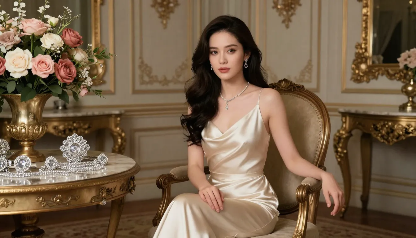 A beautiful woman in a silk dress sitting in a luxury room f...