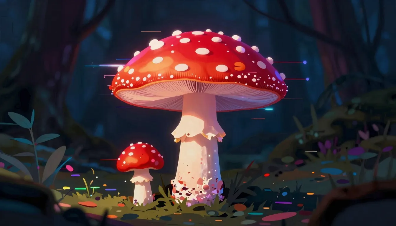 Stylized bright red fly agaric mushroom with white spots, gl...