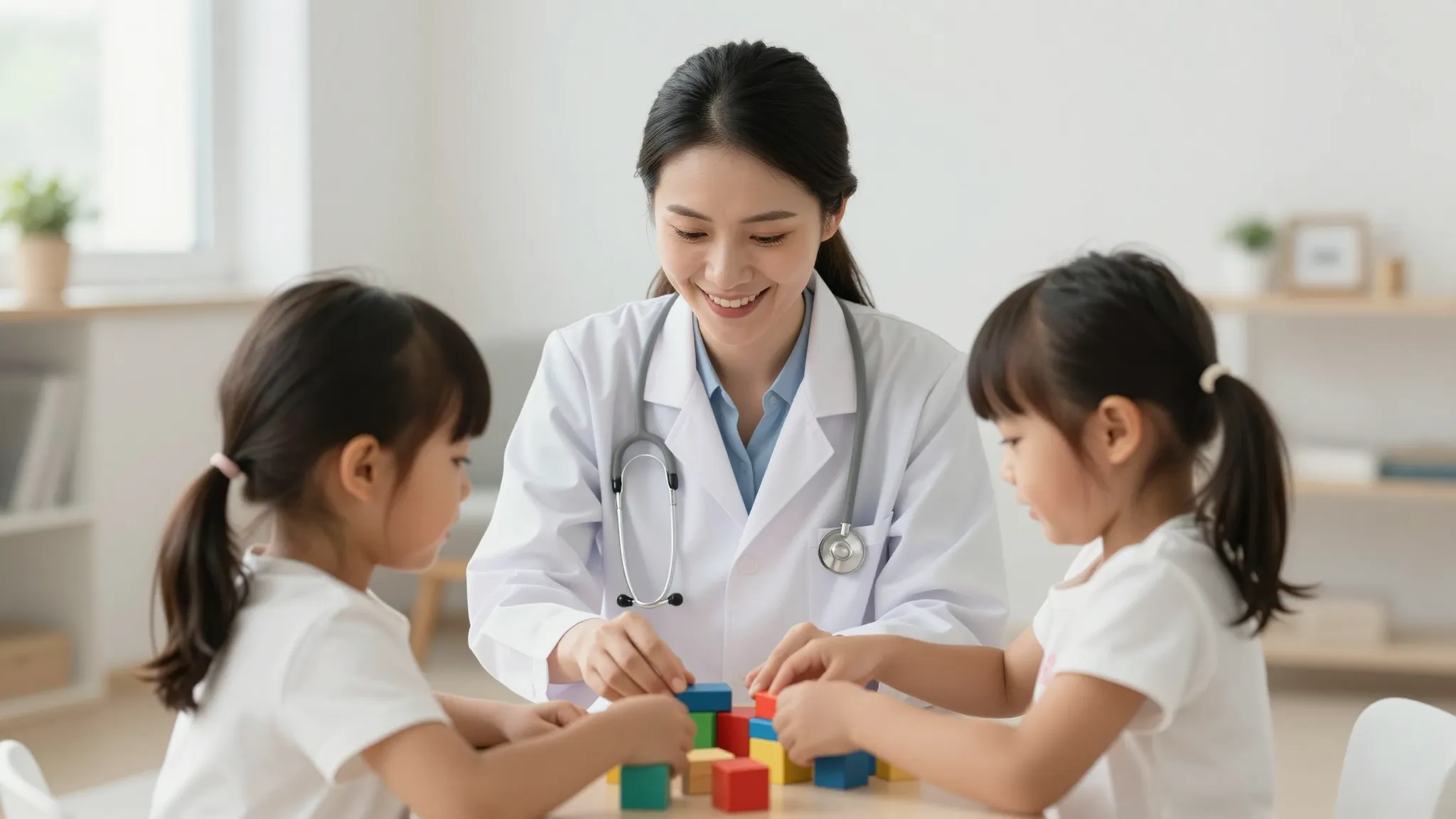 A friendly female specialist working with a young child in a...
