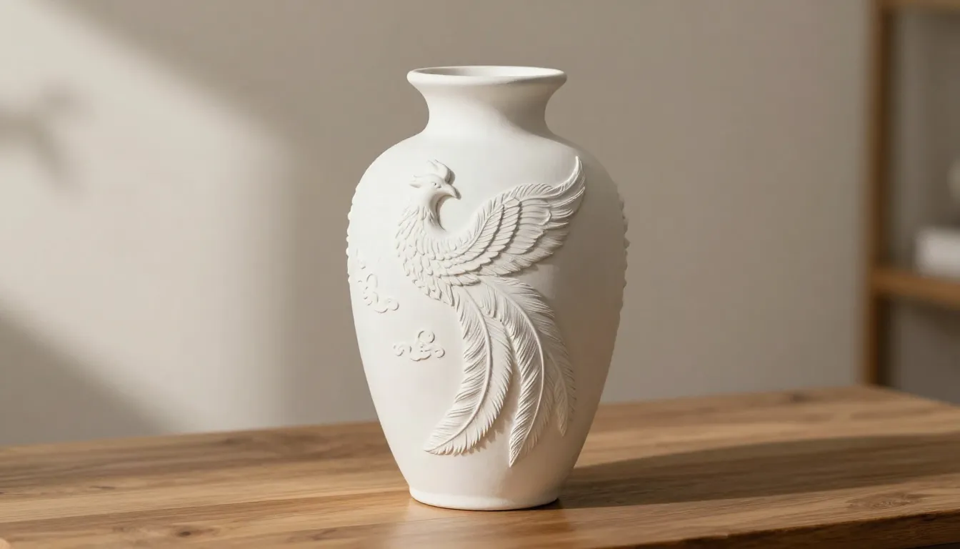 A beautiful handcrafted gypsum vase with relief patterns of ...