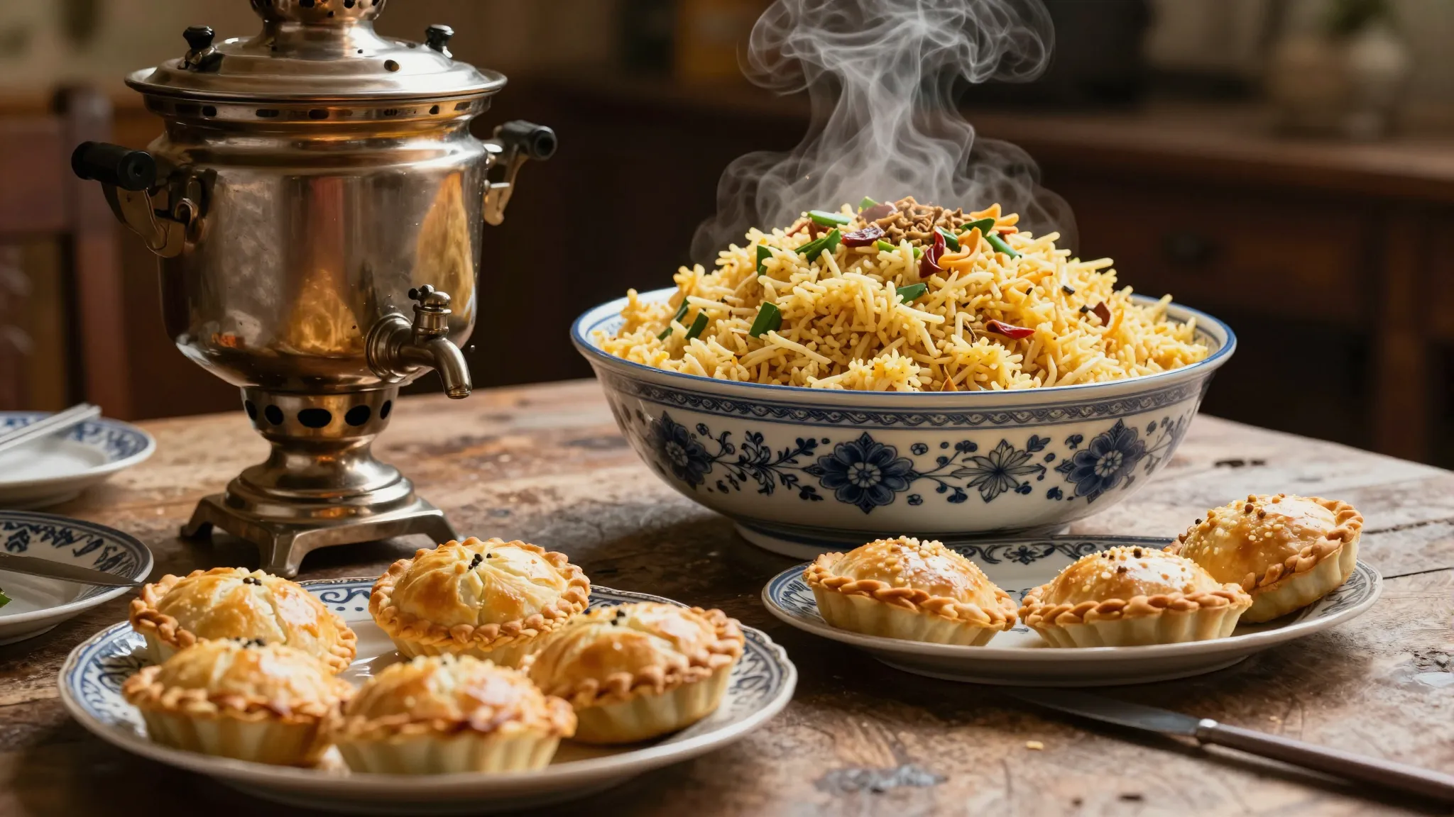A rich hospitality table setting: a traditional Russian samo...