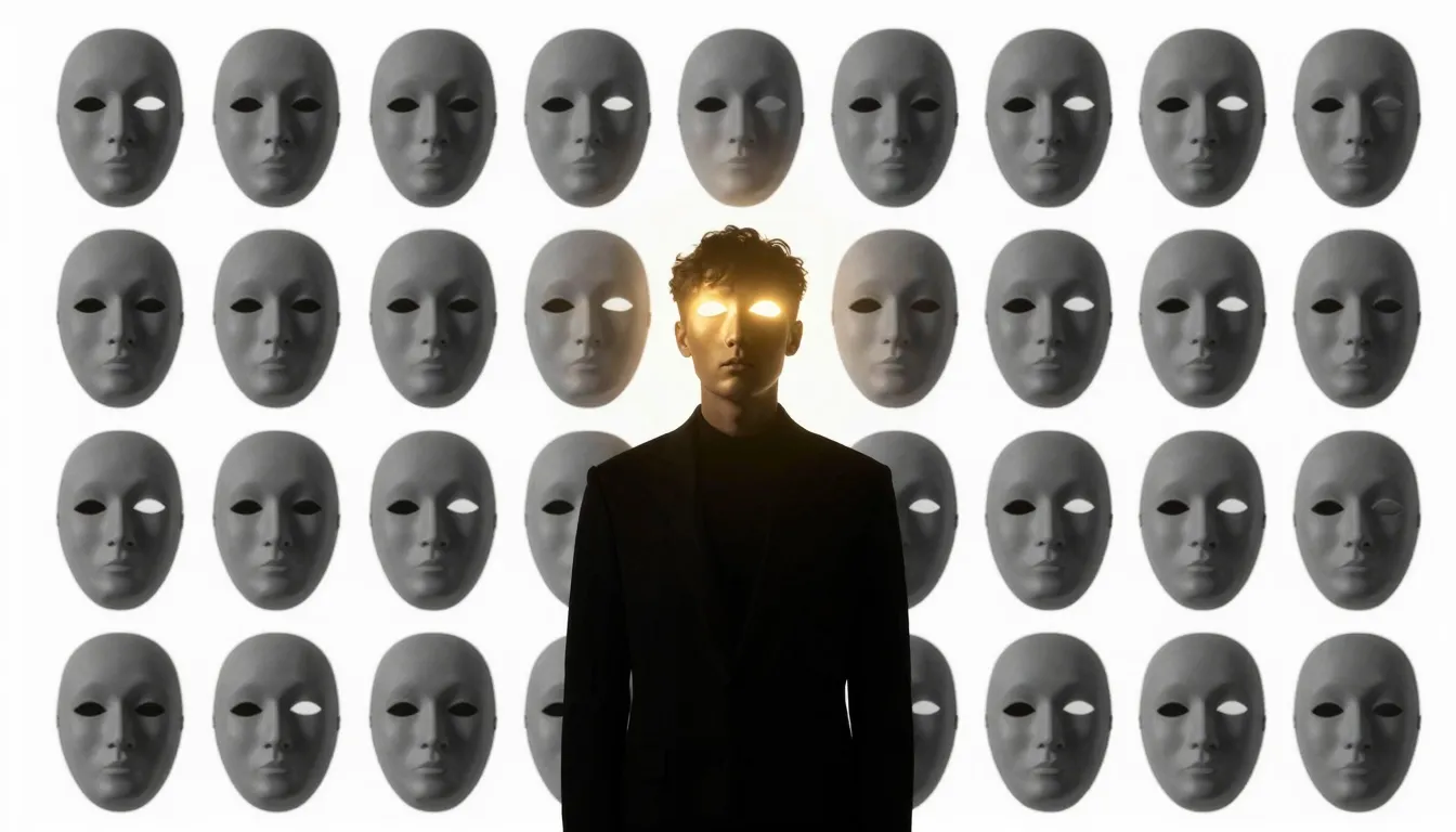 A silhouette of a person standing in front of a wall of iden...