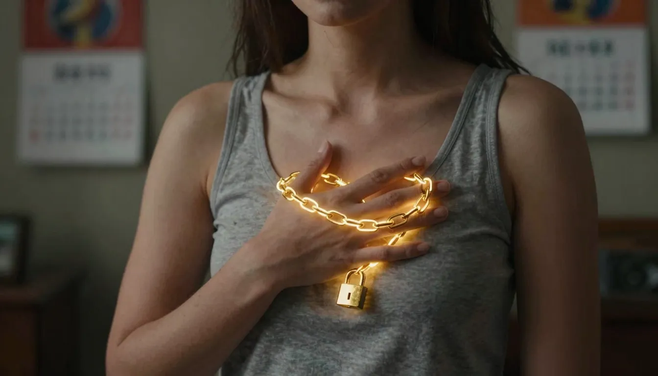 A close-up of a woman sitting alone in a dim room, her hand ...