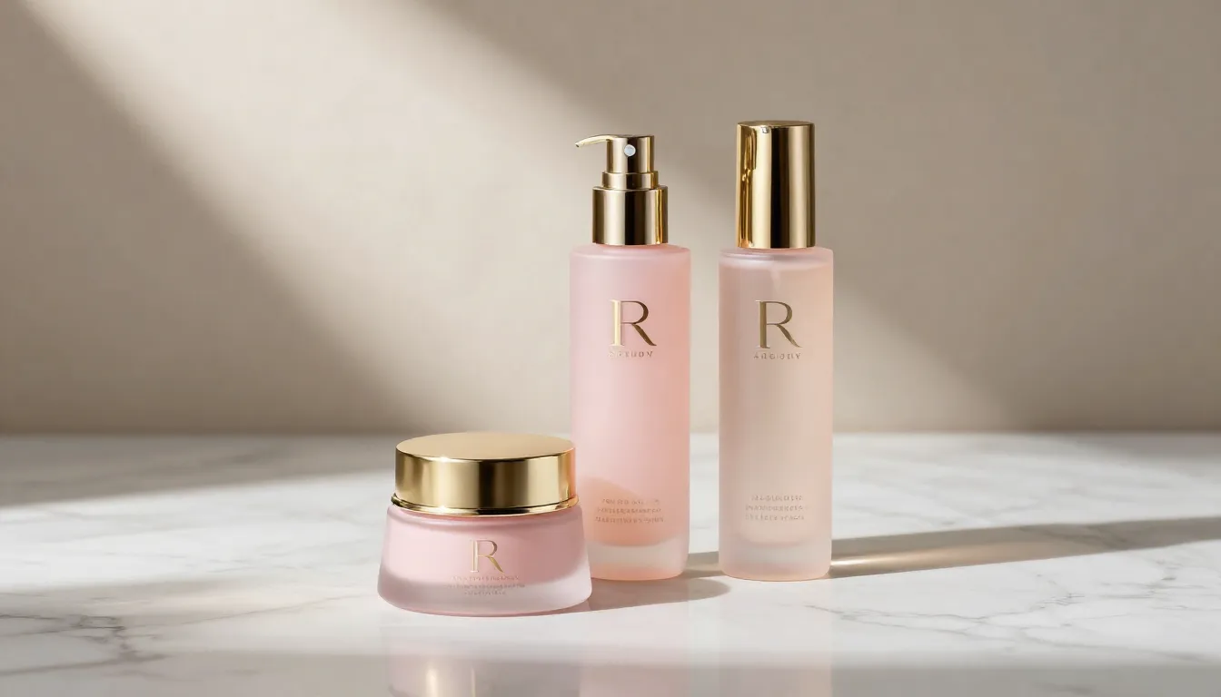 Luxury skincare brand aesthetic, soft pink and gold color pa...