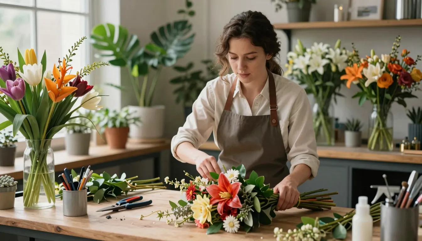 A professional florist's workspace with unique exotic flower...
