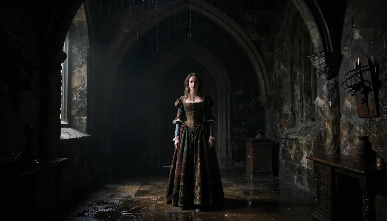 Inside a dark, damp medieval castle hall, 17th century, a lo...