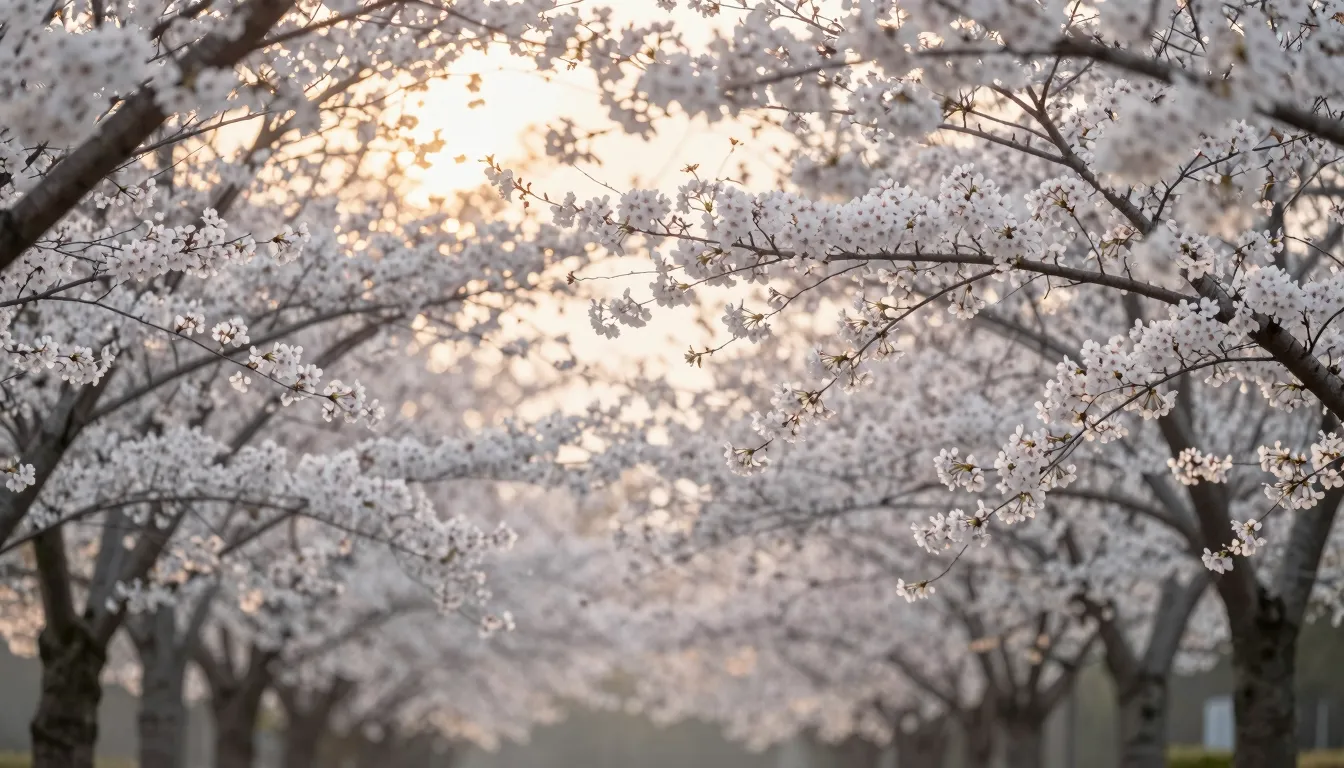 A peaceful and ethereal landscape at dawn, soft golden sunli...