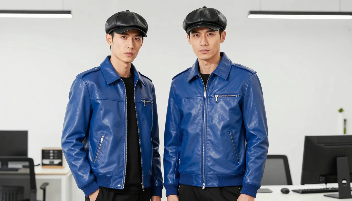 Two stylish Chinese office workers, wearing premium royal bl...